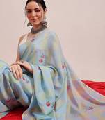 Blue printed cotton blend ethnic saree with blouse piece