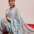 Blue printed cotton blend ethnic saree with blouse piece