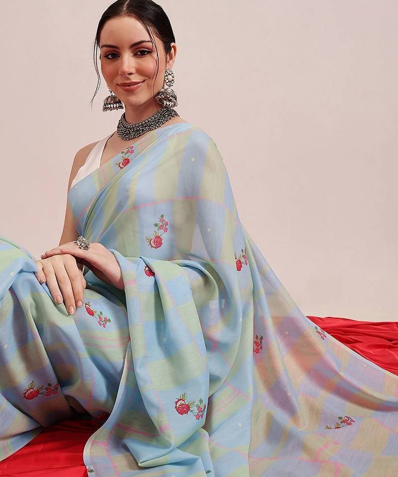 Blue printed cotton blend ethnic saree with blouse piece