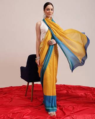 Yellow printed cotton blend ethnic saree with blouse piece 4