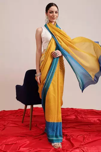 Yellow printed cotton blend ethnic saree with blouse piece