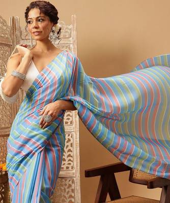 Blue printed cotton blend ethnic saree with blouse piece 4