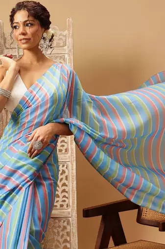 Blue printed cotton blend ethnic saree with blouse piece