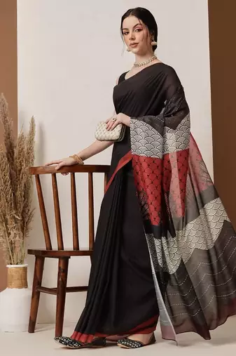 Black printed cotton blend ethnic saree with blouse piece
