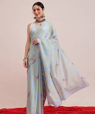 Blue printed cotton blend ethnic saree with blouse piece 2