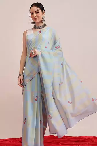 Blue printed cotton blend ethnic saree with blouse piece