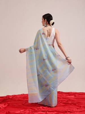 Blue printed cotton blend ethnic saree with blouse piece 3