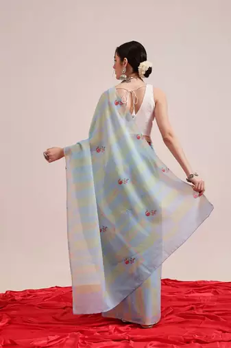 Blue printed cotton blend ethnic saree with blouse piece
