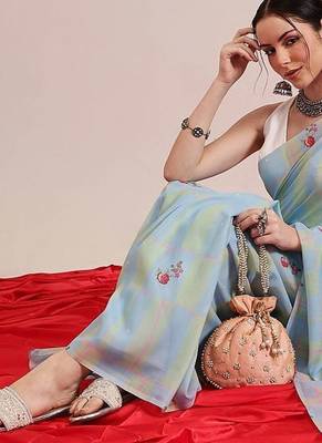 Blue printed cotton blend ethnic saree with blouse piece 4