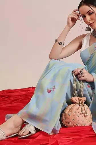Blue printed cotton blend ethnic saree with blouse piece