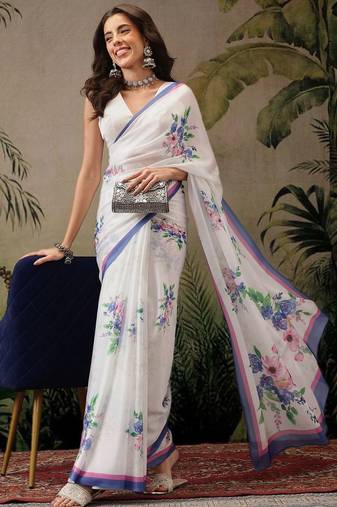 White printed satin party wear saree with blouse piece