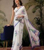White printed satin party wear saree with blouse piece