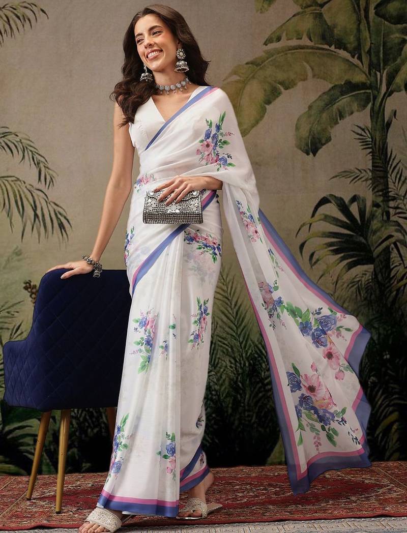 White printed satin party wear saree with blouse piece