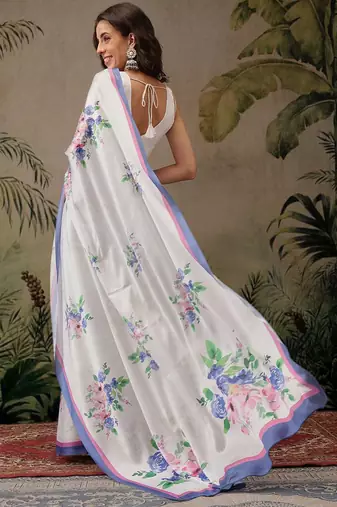 White printed satin party wear saree with blouse piece