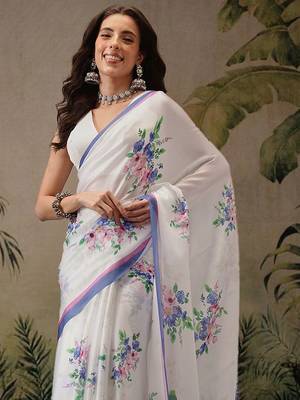 White printed satin party wear saree with blouse piece 3