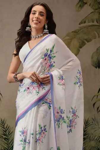 White printed satin party wear saree with blouse piece