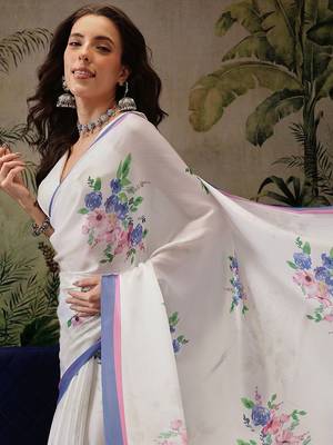 White printed satin party wear saree with blouse piece 4