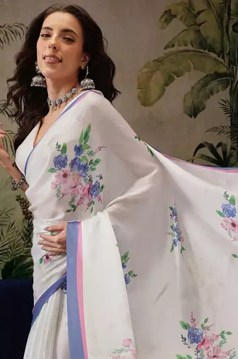 White printed satin party wear saree with blouse piece
