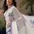 White printed satin party wear saree with blouse piece