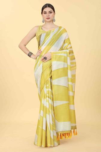 Yellow printed cotton blend ethnic saree with blouse piece
