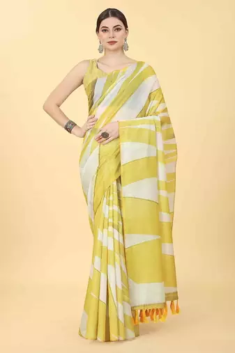Yellow printed cotton blend ethnic saree with blouse piece