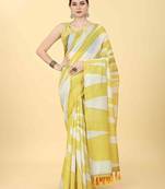 Yellow printed cotton blend ethnic saree with blouse piece