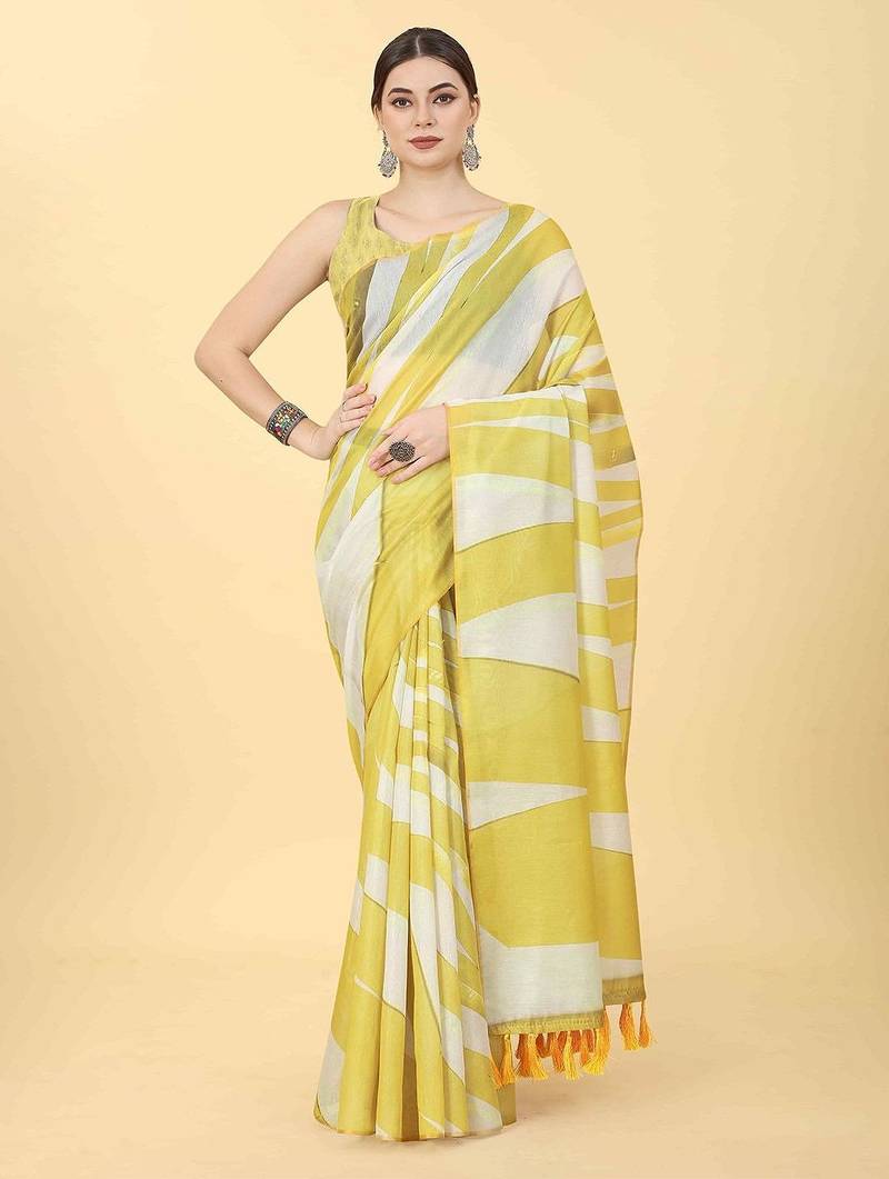 Yellow printed cotton blend ethnic saree with blouse piece