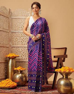 Navy blue printed cotton blend ethnic saree with blouse piece 1