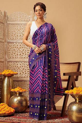 Navy blue printed cotton blend ethnic saree with blouse piece