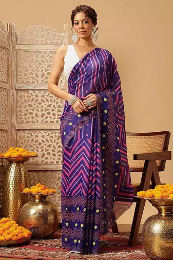 Navy blue printed cotton blend ethnic saree with blouse piece