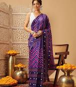 Navy blue printed cotton blend ethnic saree with blouse piece