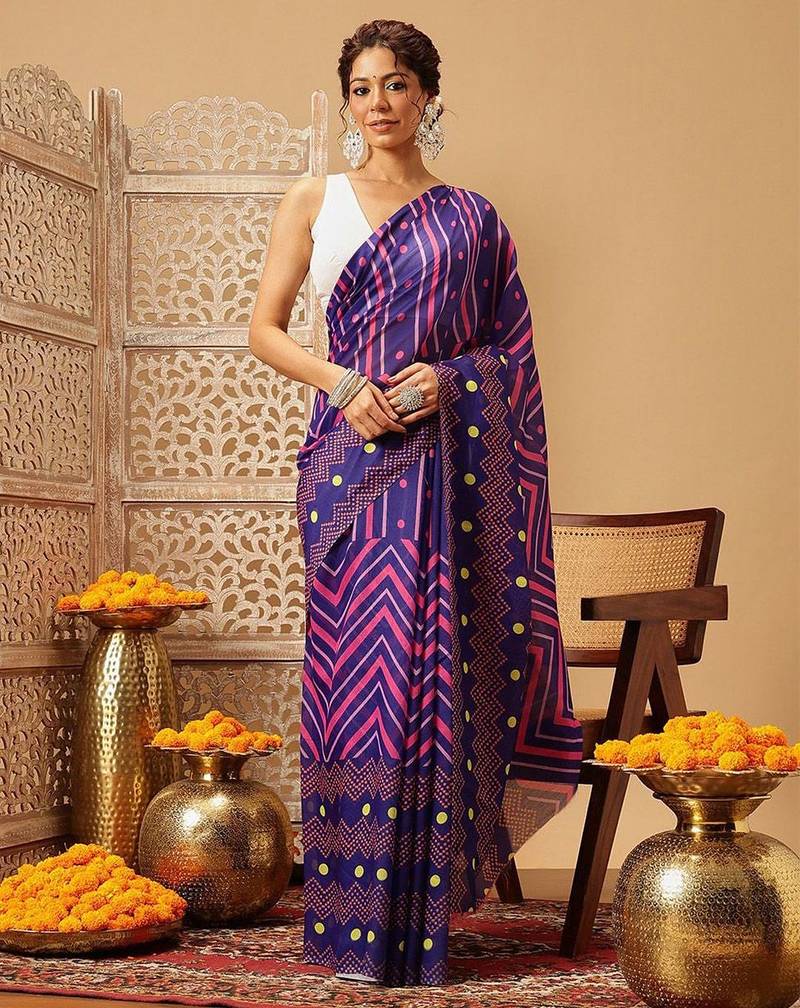 Navy blue printed cotton blend ethnic saree with blouse piece