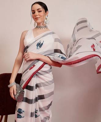White printed cotton blend ethnic saree with blouse piece 1