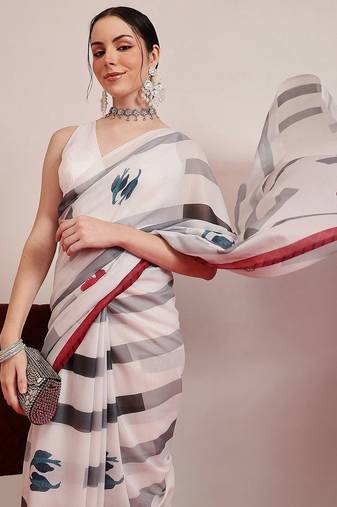 White printed cotton blend ethnic saree with blouse piece