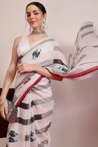 White printed cotton blend ethnic saree with blouse piece