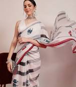 White printed cotton blend ethnic saree with blouse piece