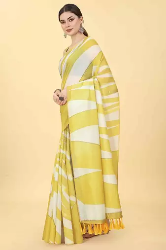 Yellow printed cotton blend ethnic saree with blouse piece