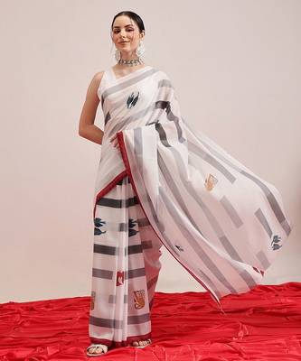 White printed cotton blend ethnic saree with blouse piece 2