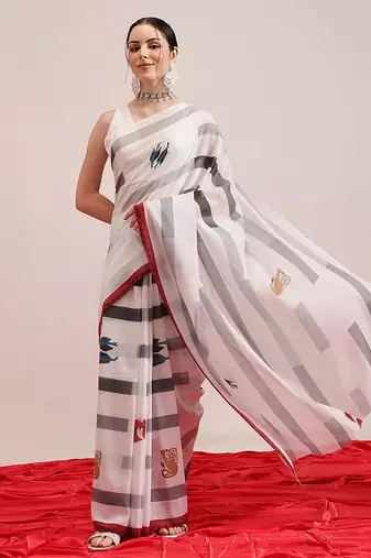 White printed cotton blend ethnic saree with blouse piece