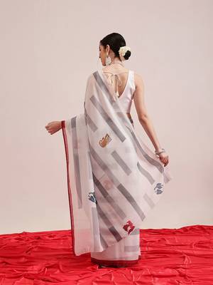 White printed cotton blend ethnic saree with blouse piece 3
