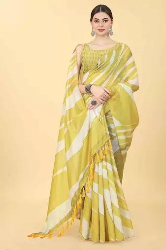 Yellow printed cotton blend ethnic saree with blouse piece