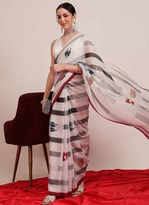 White printed cotton blend ethnic saree with blouse piece 4