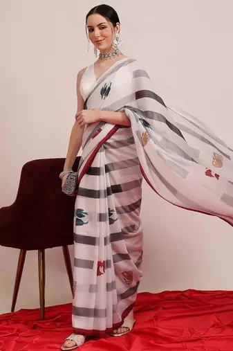 White printed cotton blend ethnic saree with blouse piece