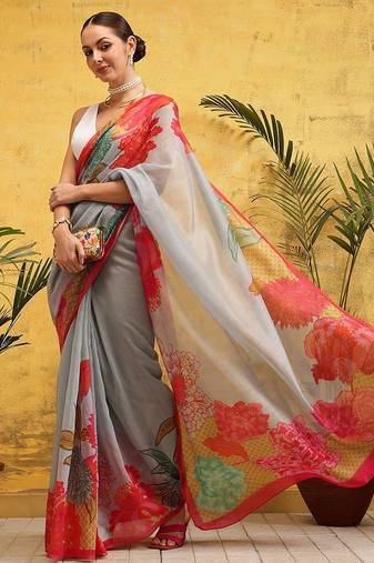 Grey printed cotton blend ethnic saree with blouse piece