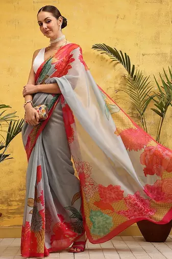 Grey printed cotton blend ethnic saree with blouse piece