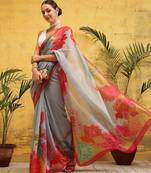Grey printed cotton blend ethnic saree with blouse piece