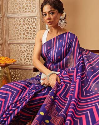 Navy blue printed cotton blend ethnic saree with blouse piece 4