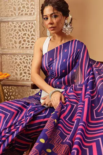 Navy blue printed cotton blend ethnic saree with blouse piece