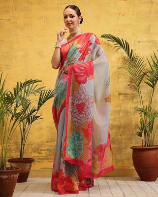 Grey printed cotton blend ethnic saree with blouse piece 2