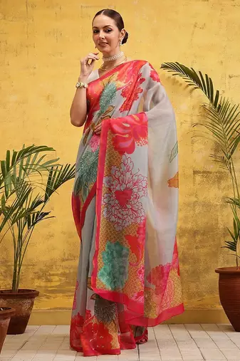 Grey printed cotton blend ethnic saree with blouse piece